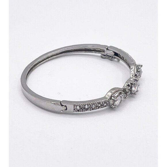 Silver Tone Cubic Zirconia Hinged Bangle Bracelet Vintage Style Three Stone - Picture 8 of 9